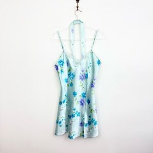 Vintage Y2K Blue Floral Satin Slip Dress Lace Trim Mini Lingerie Style Size L